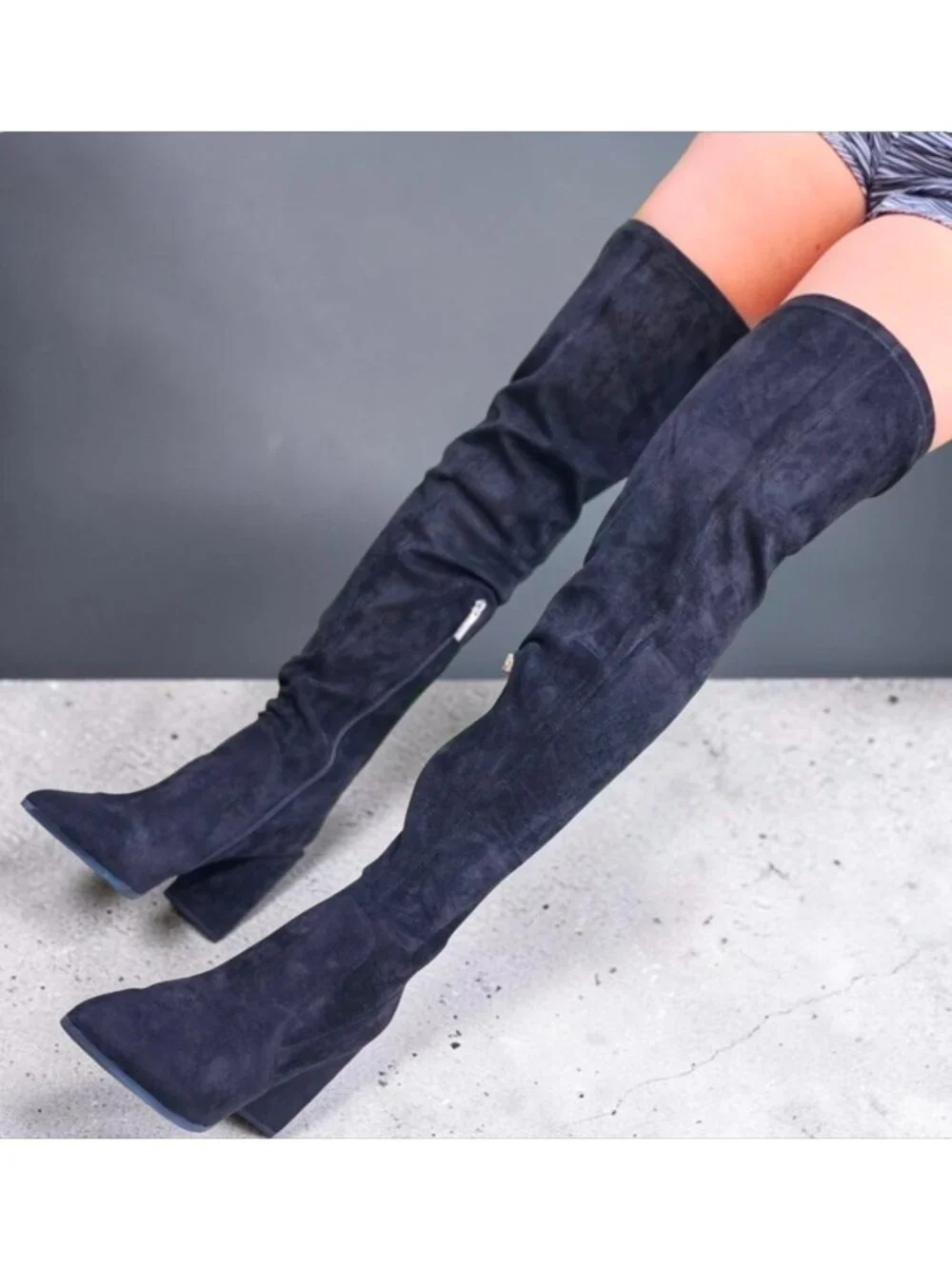Over-The-Knee Black Faux Suede Heeled Boots With Side Zipper & Pointed Toe Women